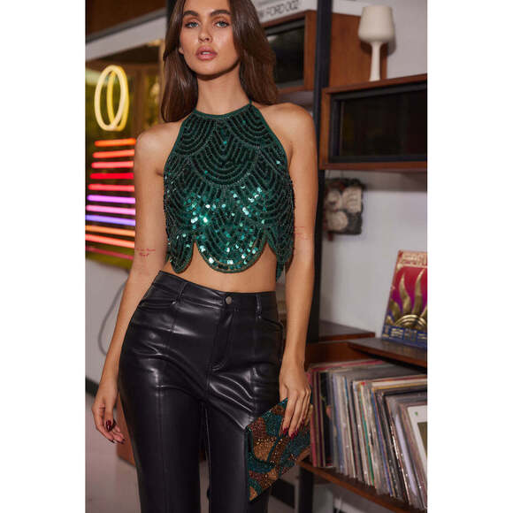 12th Tribe Cleo Emerald Sequin Halter Tie Top Size MM - Picture 1 of 3